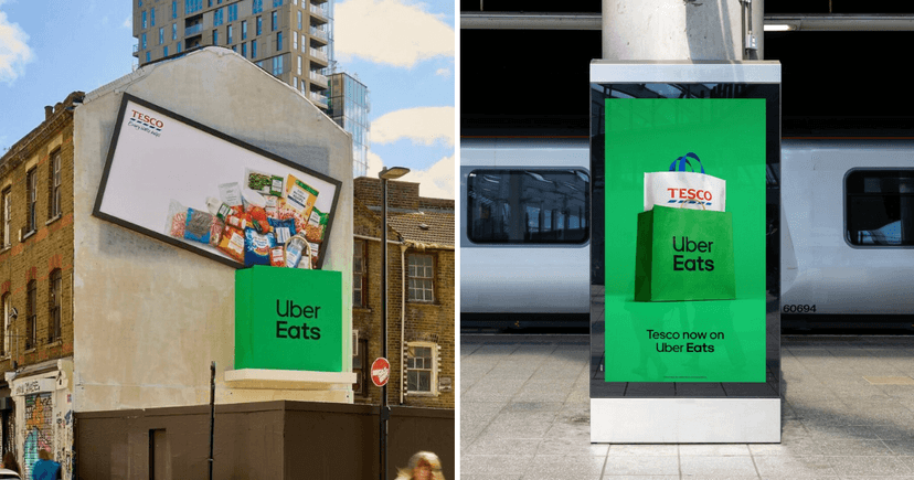 Kampania Tesco i Uber Eats na billboardzie oraz ekranie digital OOH promująca dostawę zakupów spożywczych.